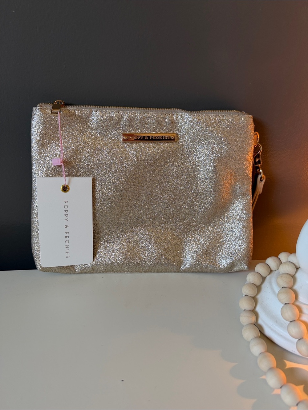 Poppy & Peonies Champagne Gold Glitter Wristlet Clutch